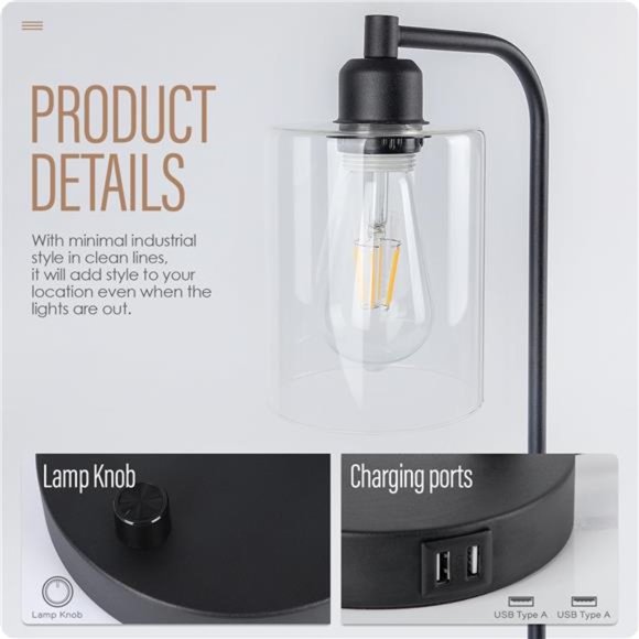 Industrial Bedside Table LampSet of 2Fully Dimmable Lamps for Bedroom Modern USB - Picture 5 of 7